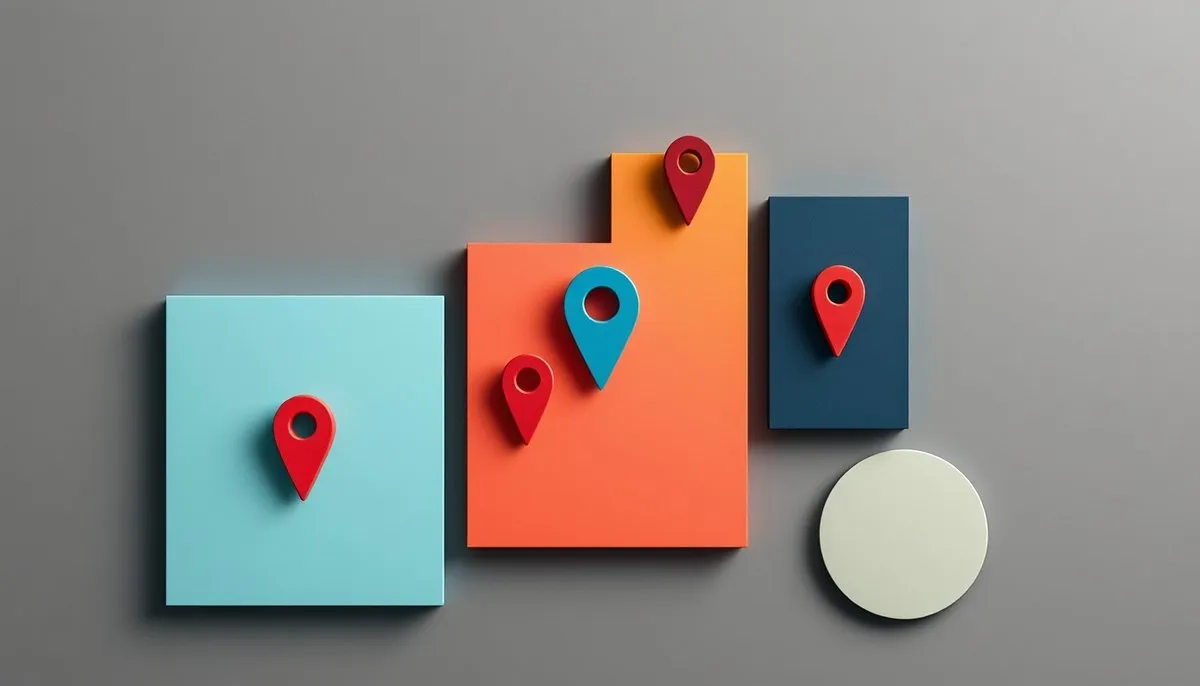 SEO local Madrid - Mapa minimalista con pins ubicación y elementos geométricos